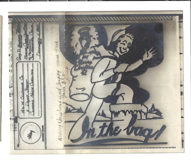 VTG 1942 WWII CHRISTMAS CARD SANTA SAILOR WITH TOJO \'IN THE BAG\' CARTOON/V-MAIL