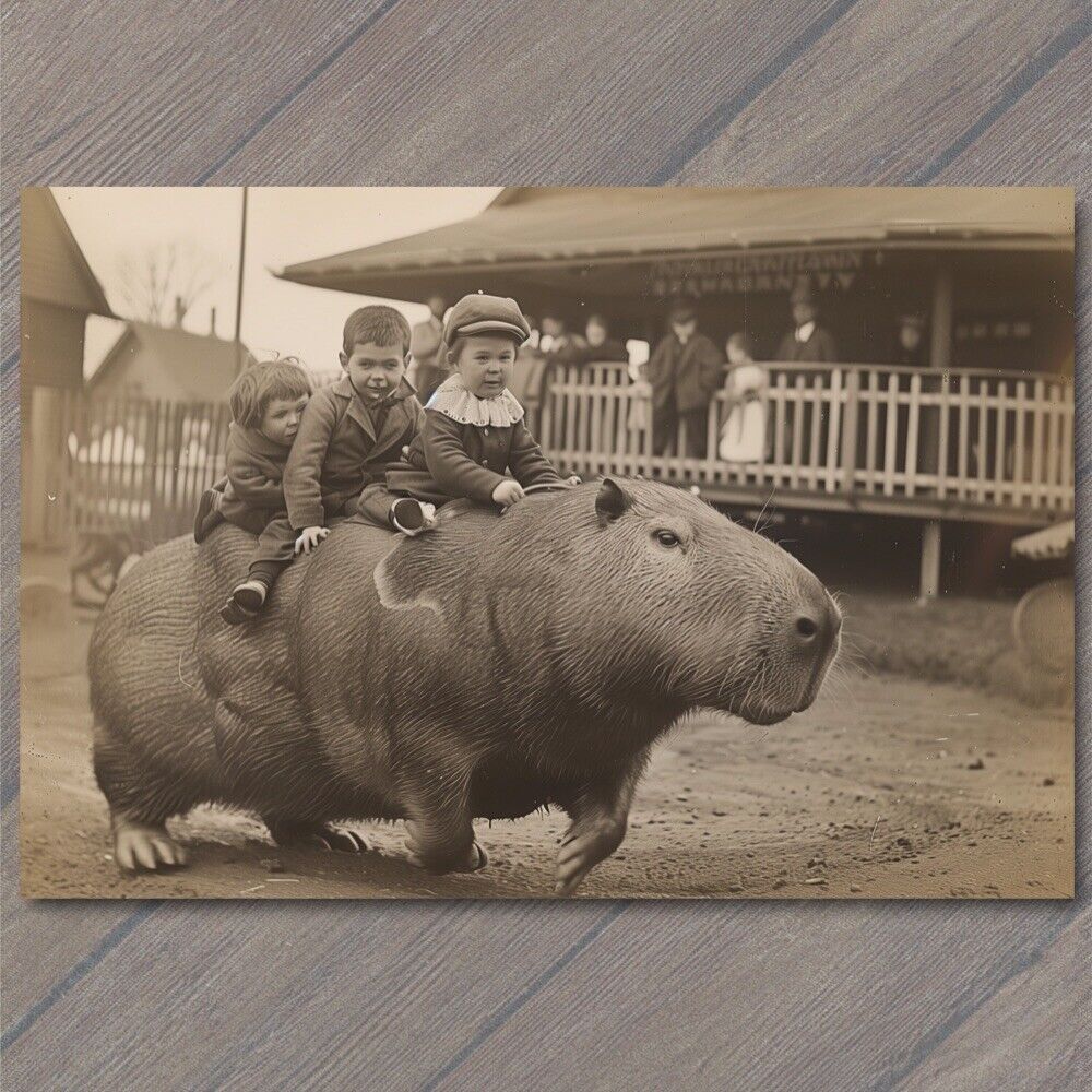 POSTCARD Capybara Kids Riding Old School Vibe Weird Strange Funny Race Giant