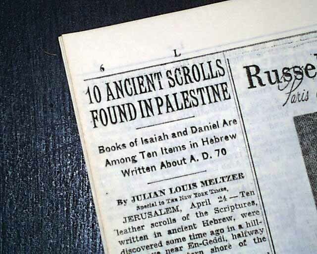 Ancient DEAD SEA SCROLLS Jewish Hebrew Bible FOUND in Palestine 1948 Newspaper