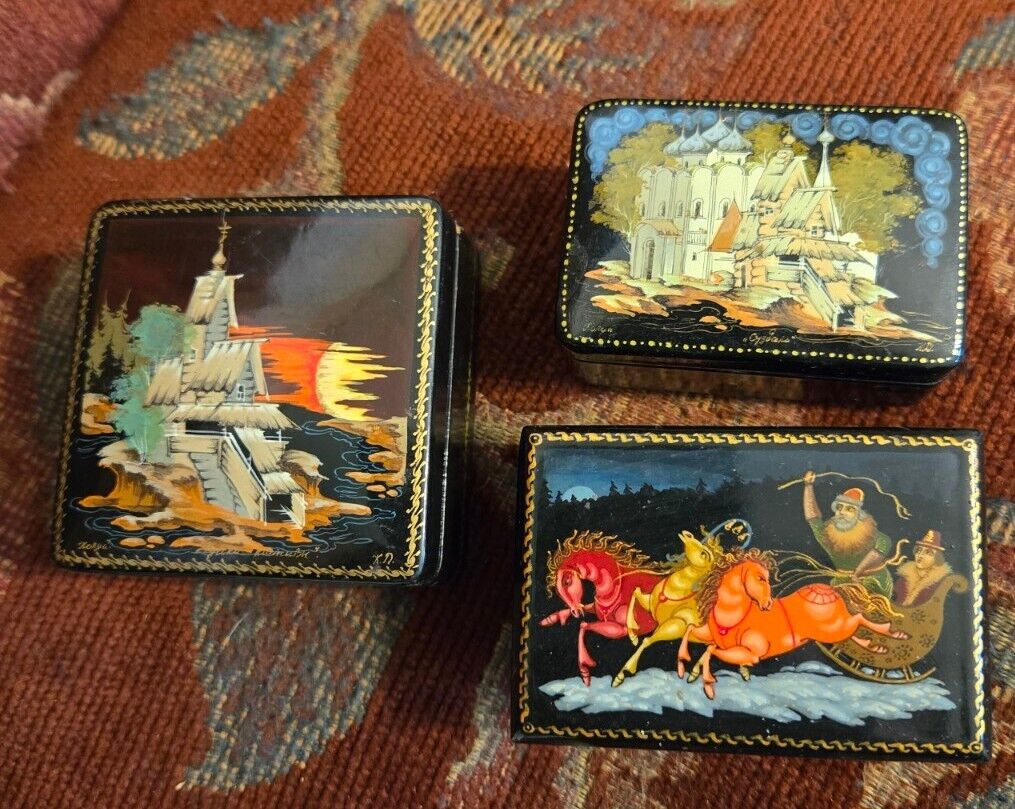 3 Small Russian Black Lacquer Trinket Boxes Hand Painted Signed 