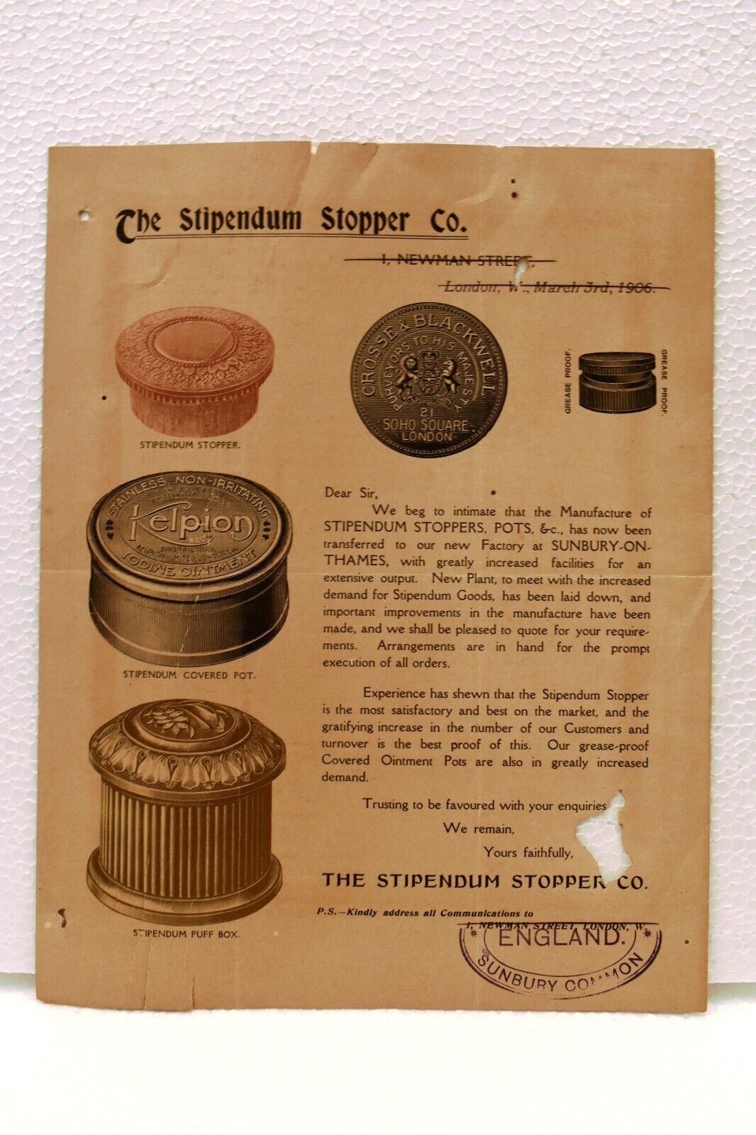 1906 Rare Letterhead The Stipendum Stopper Co. Sunbury-on-Thames London England