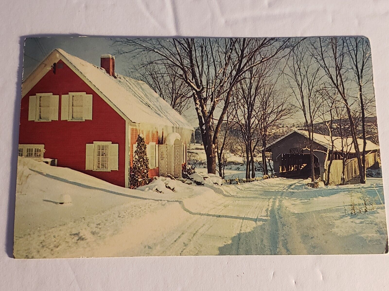 A New England Winter’s Day A Covered Bridge…Old Postcard