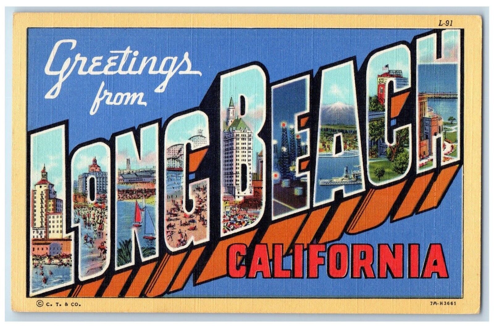 c1940 Greetings From Long Beach California Banner Large Letter Vintage Postcard