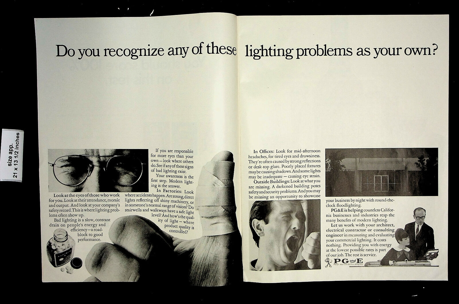 1967 PG&E Lighting Problems Man Hurt Thumb Glasses Vintage Print Ad 24571
