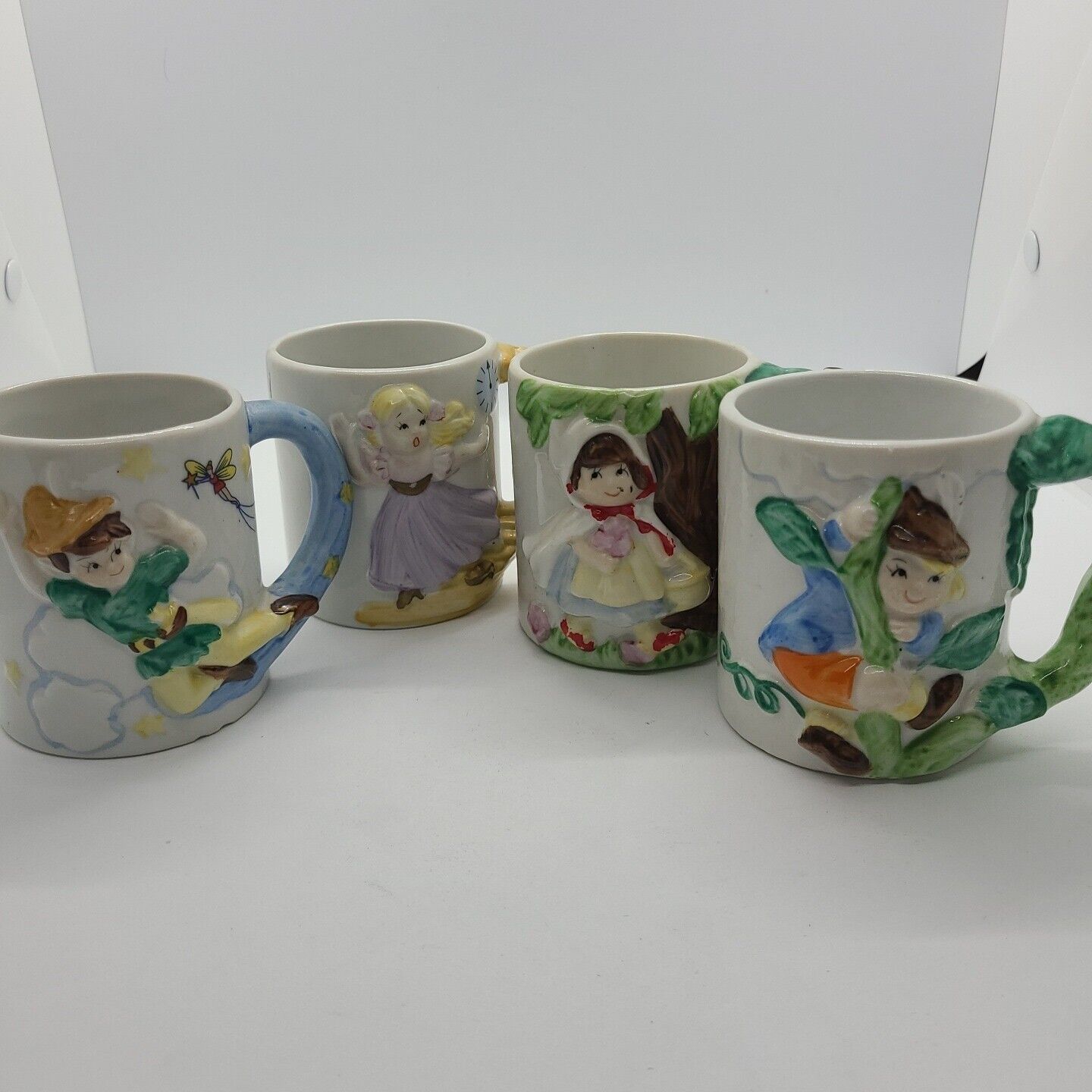 Vtg JSNY Jeffrey Snyder Four Fairy Tale Ceramic 8oz Mugs 3D Handpainted Set of 4