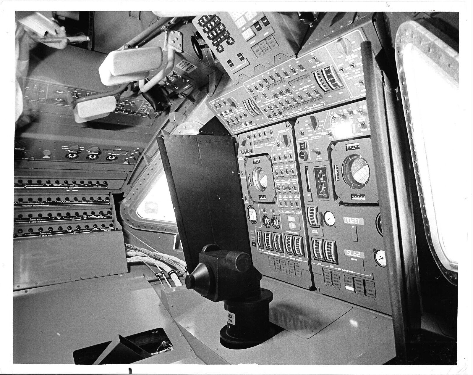 B&W NASA photo showing the interior mock up of the Lunar Module from the 1960s