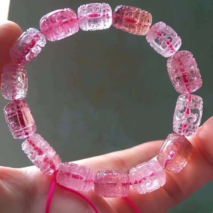 Natural pink Tourmaline Rainbow Carved Barrel Beads Bracelet 15x9mm AAAAAA