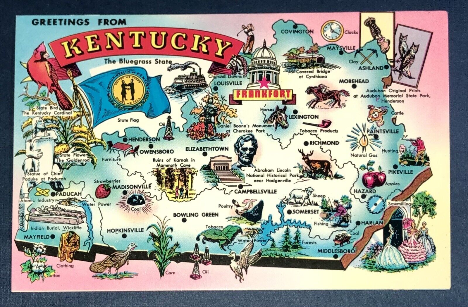 Postcard Greetings from Kentucky Map Landmarks Cities Caves Bird Paducah Statue
