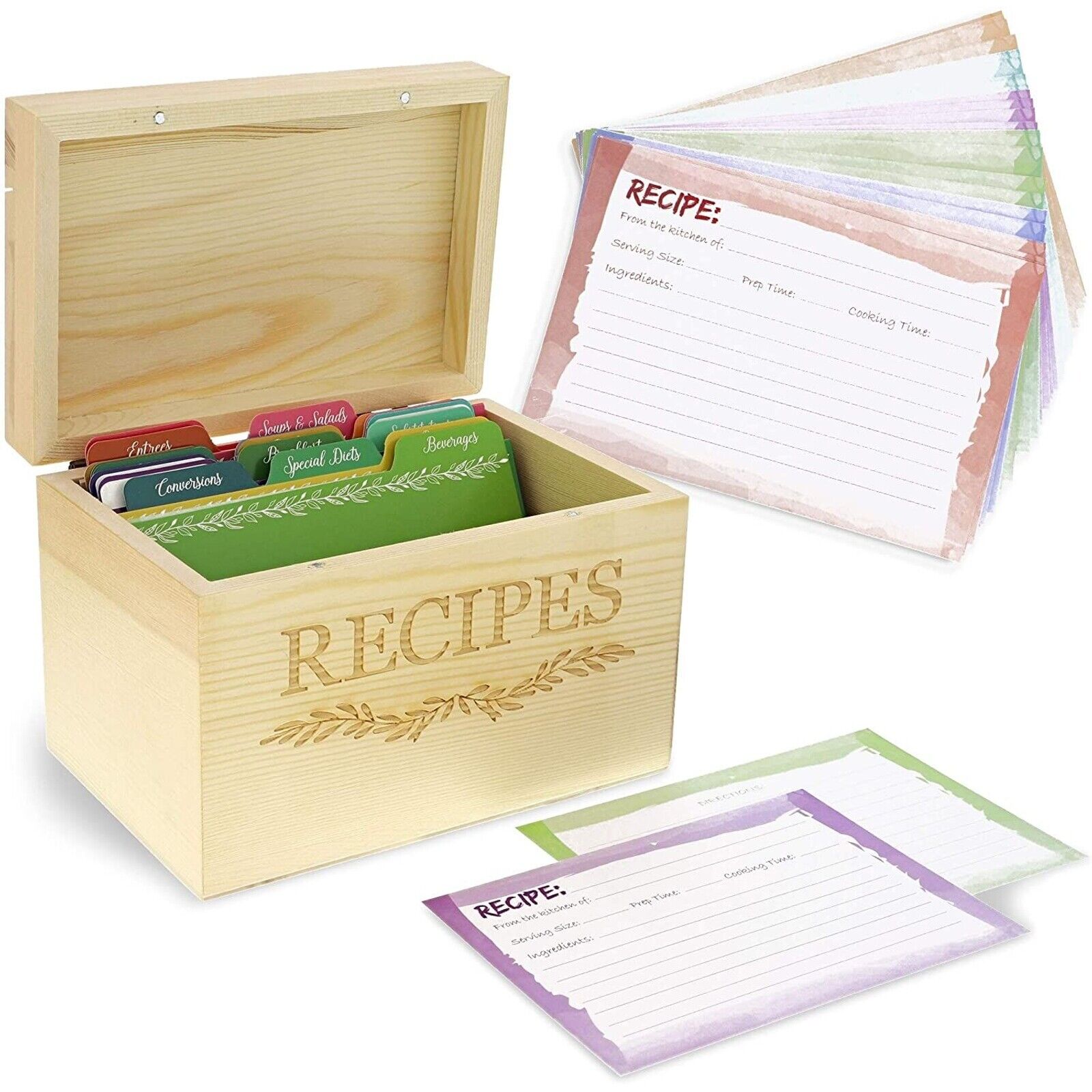 Wood Recipe Organization Box with Cards and Dividers for DIY, 7.2\