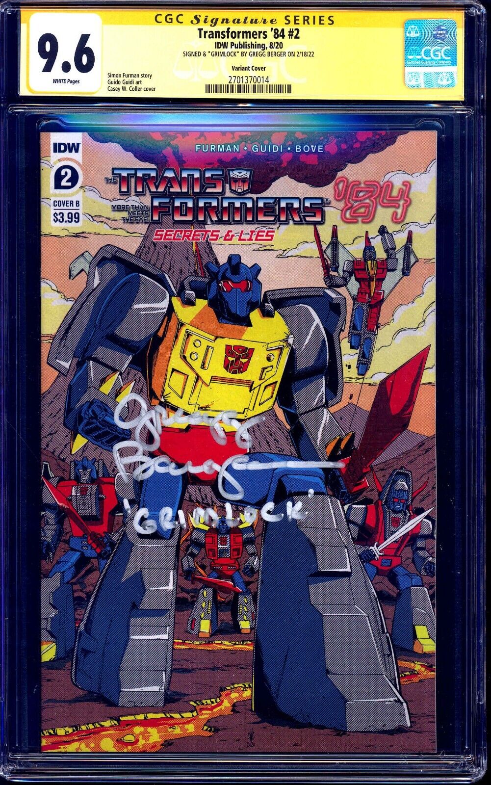 Transformers '84 #2 GRIMLOCK VARIANT CGC SS 9.6 signed Gregg Berger VOICE ACTOR