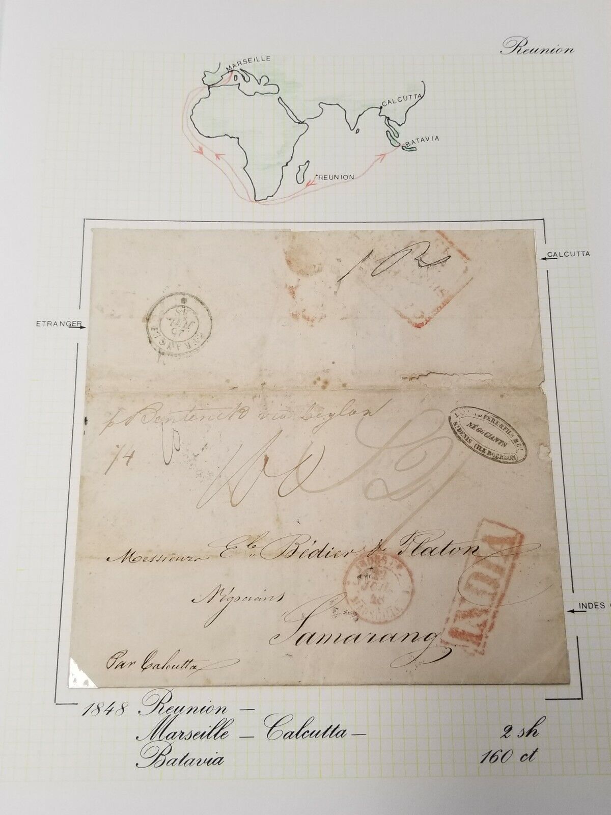1848 St Denis Isle Bourbonne REUNION Letter Sent to Semarang Artifact Antique
