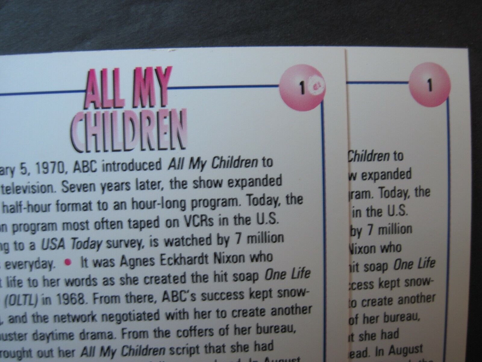 ALL MY CHILDREN error CARD #1 In the Beginning Print Flaw plus correct card 1991