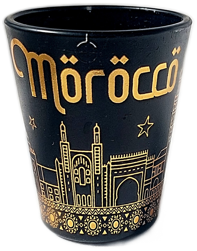 New Morocco Shot Glass Casablanca Tequila Marrakesh Kutubiyya Mosque. black