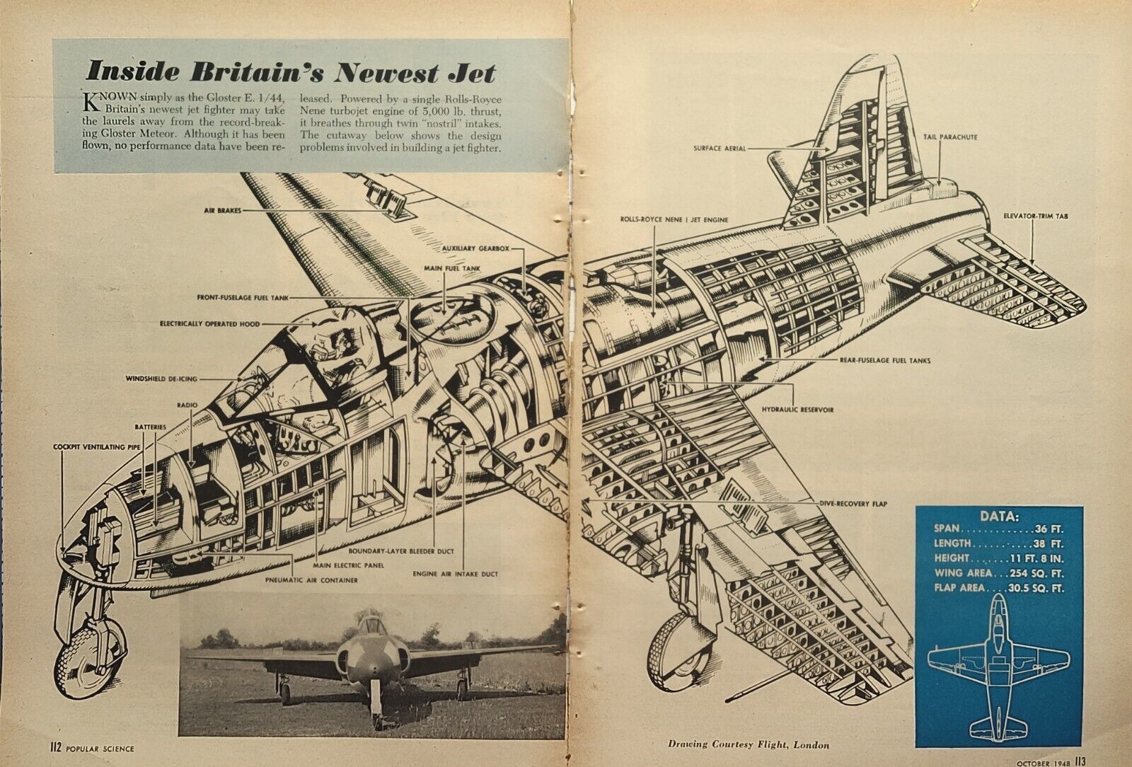Popular Science Britain's Gloster E Cutaway Diagram Vintage Magazine Print 1948
