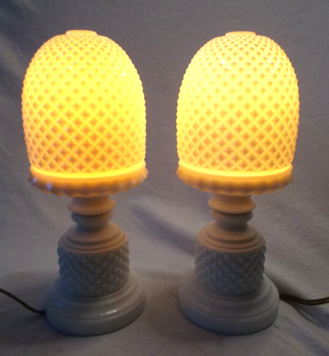 Vintage Pair Of English Milk Glass Hobnail Diamond Point Boudoir lamps Lights