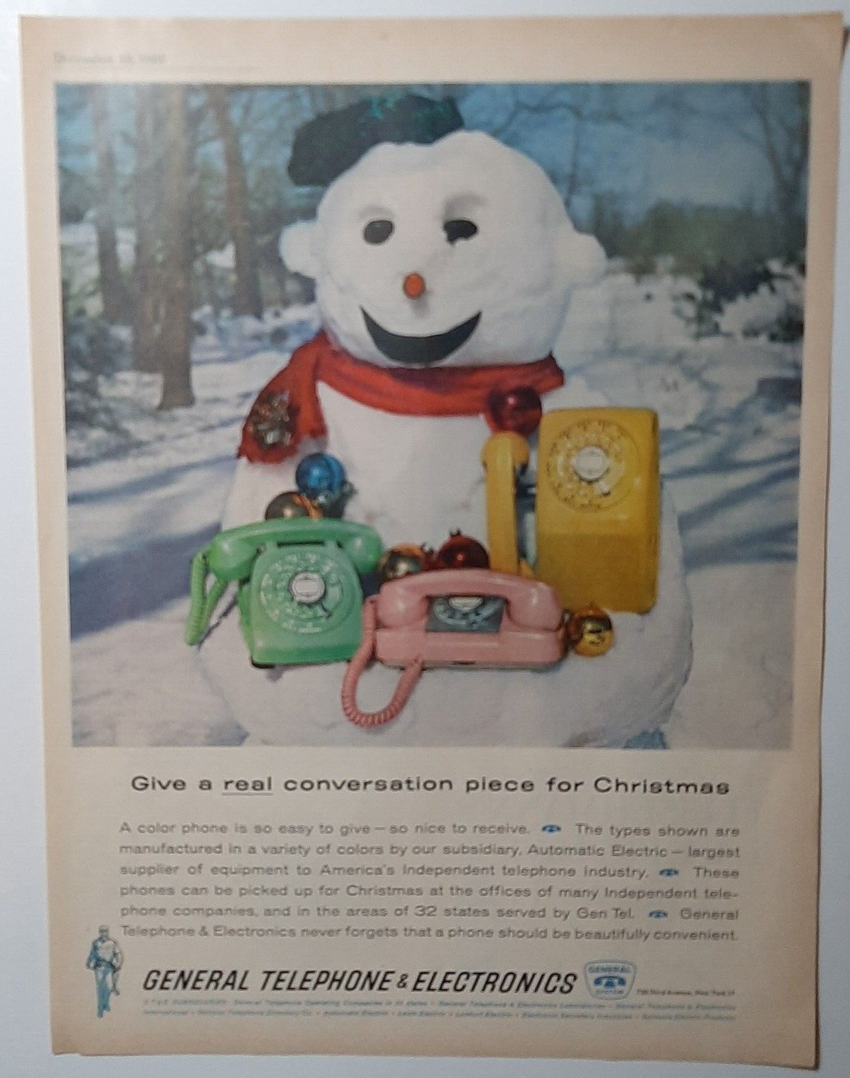 1962 GTE Vintage Print Ad General Telephone Electronics Snowman Scarf Rotary