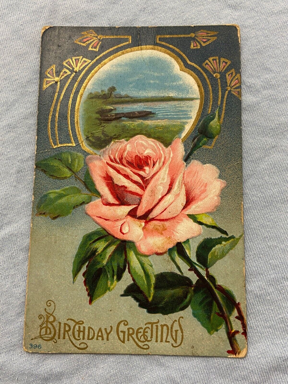 Birthday Greetings 396 Red Green Rose With Stems Embossed Post Card 5.5\