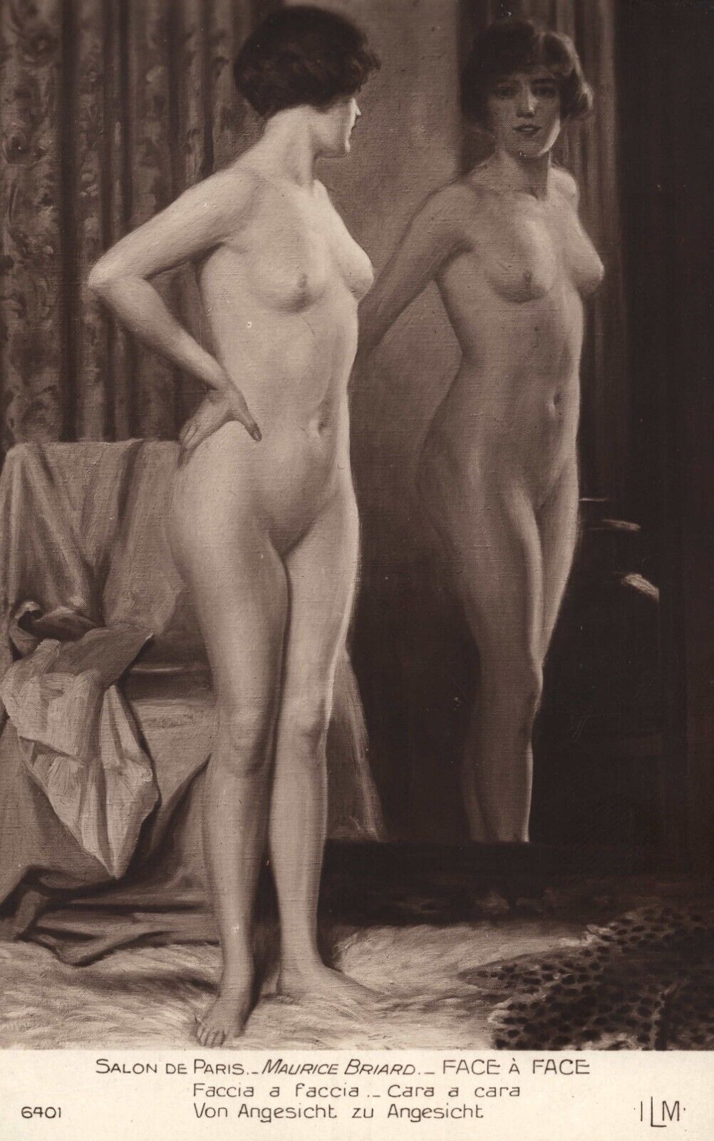 Nude Woman at Mirror Salon de Paris by Artist Maurice Briard Vintage Postcard