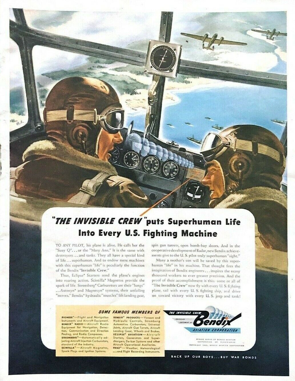 1943 Bendix Aviation Vintage Print Ad WWII The Invisible Crew Fighter Pilots 