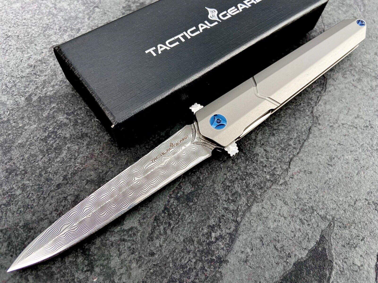 Premium EDC Damascus Pocket Knife Tc4 Titanium Handle Ball Bearing Pivot Open