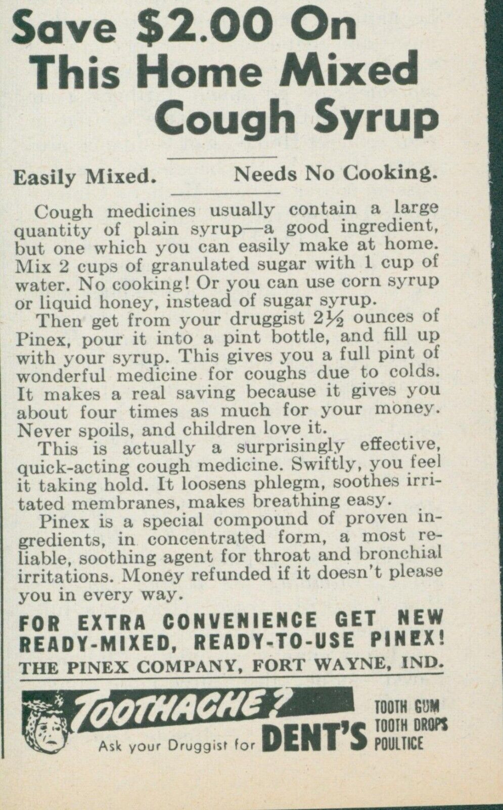 1955 Pinex Home Mixed Cough Syrup Sugar Water Save Money Vintage Print Ad FJ1