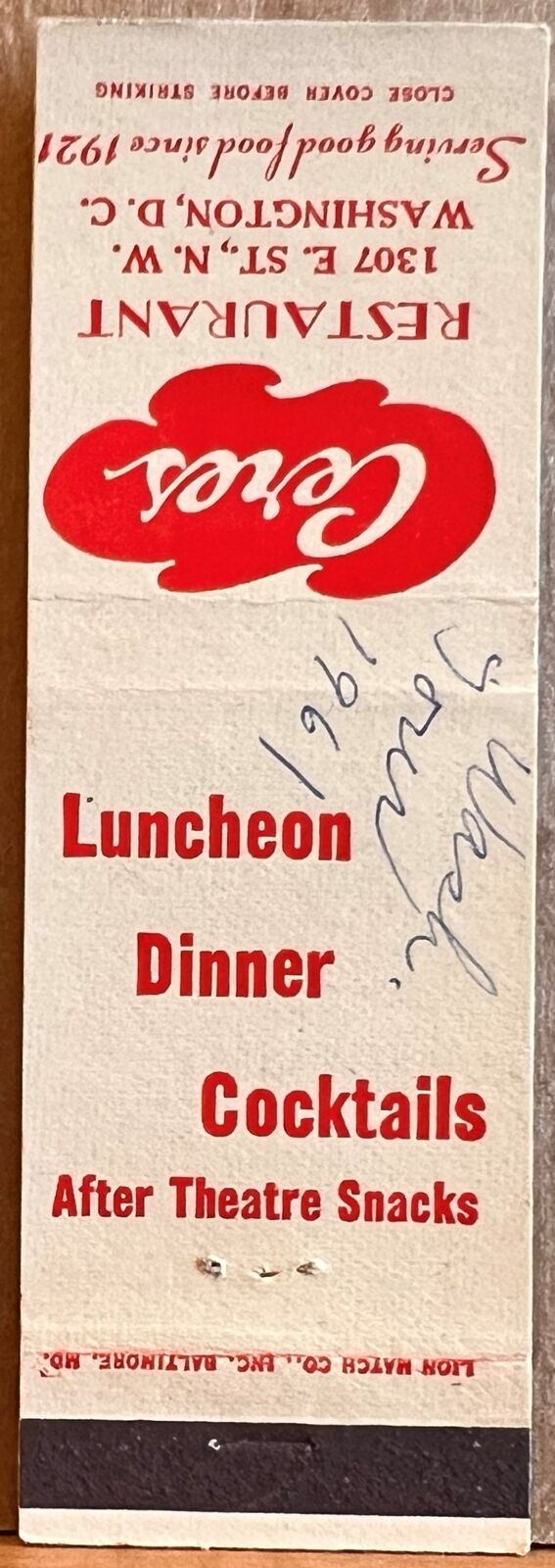 Ceres Restaurant Washington DC Luncheon Dinner Cocktails Vintage Matchbook Cover