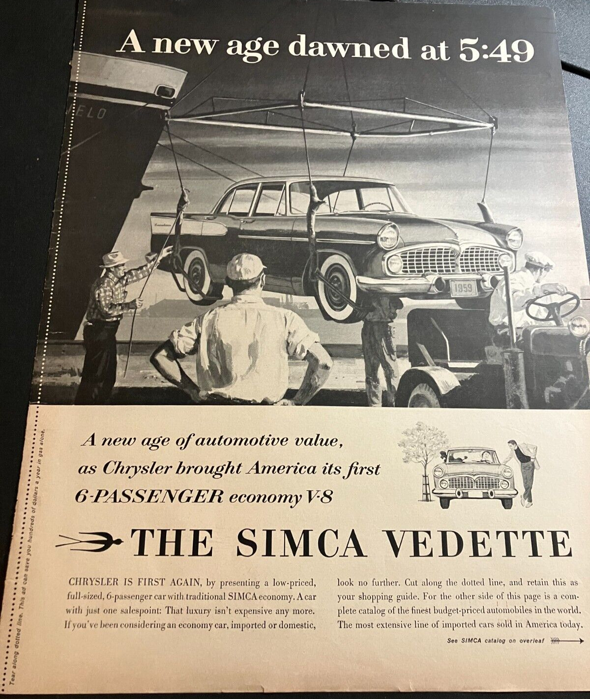 1959 Chrysler Simca Vedette / Model Range Vintage Original DOUBLE SIDED Print Ad