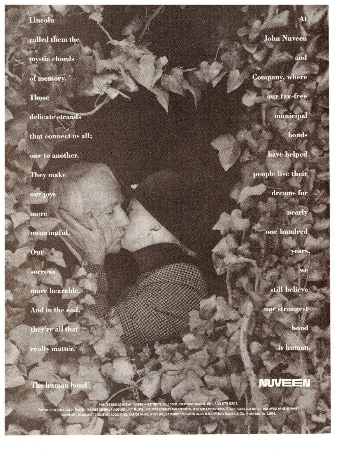Nuveen Human Bond Kissing in the Bushes Elderly Couple Vintage 1995 Print Ad