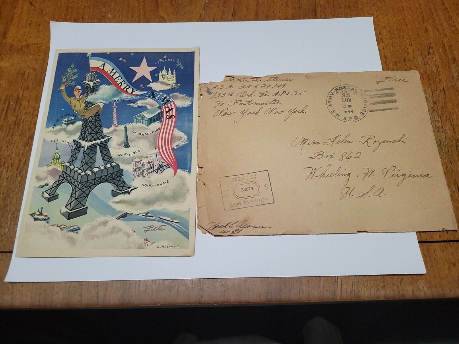 Rare 1944 WW2 US Soldier Paris Christmas Card w/ Envelope Vintage 