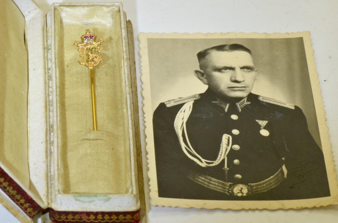 WWII Bulgarian Kingdom Officer\'s Award Lapel Pin 14k Gold Rubies-Box-Owner CDV