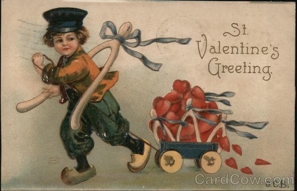 Children 1909 St. Valentine\'s Greeting,Little Boy Pulls Wagon Full of Hearts