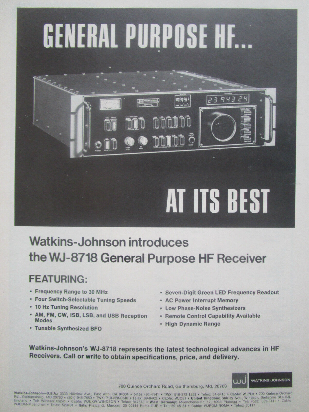 9/1977 PUB WATKINS JOHNSON WJ-8718 GENERAL PURPOSE HF RECEIVER ORIGINAL AD