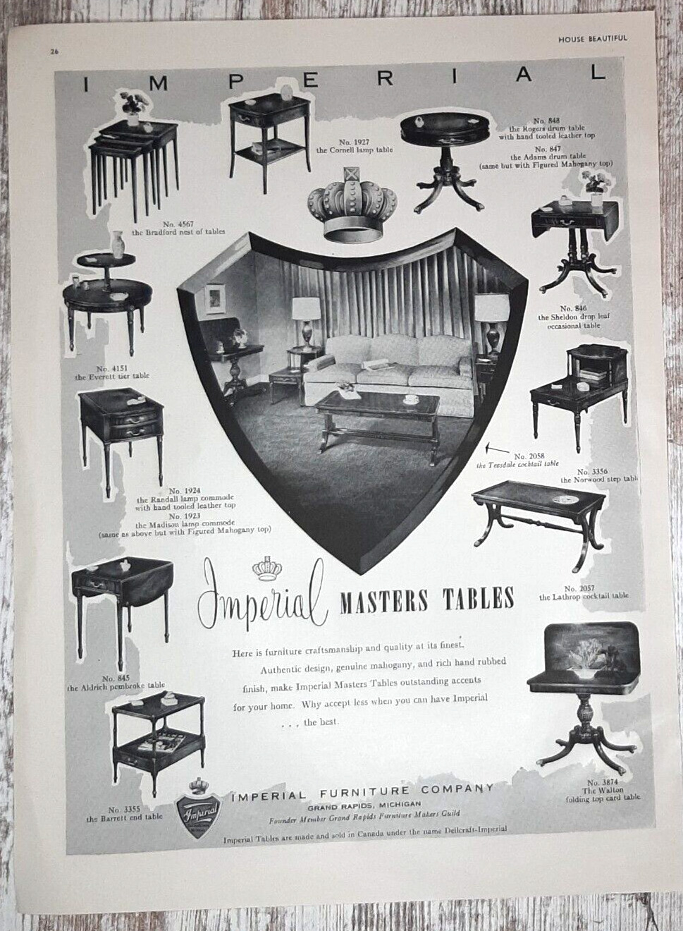 1952 Imperial Furniture Vintage Print Ad Tables Masters Mahogany Grand Rapids MI