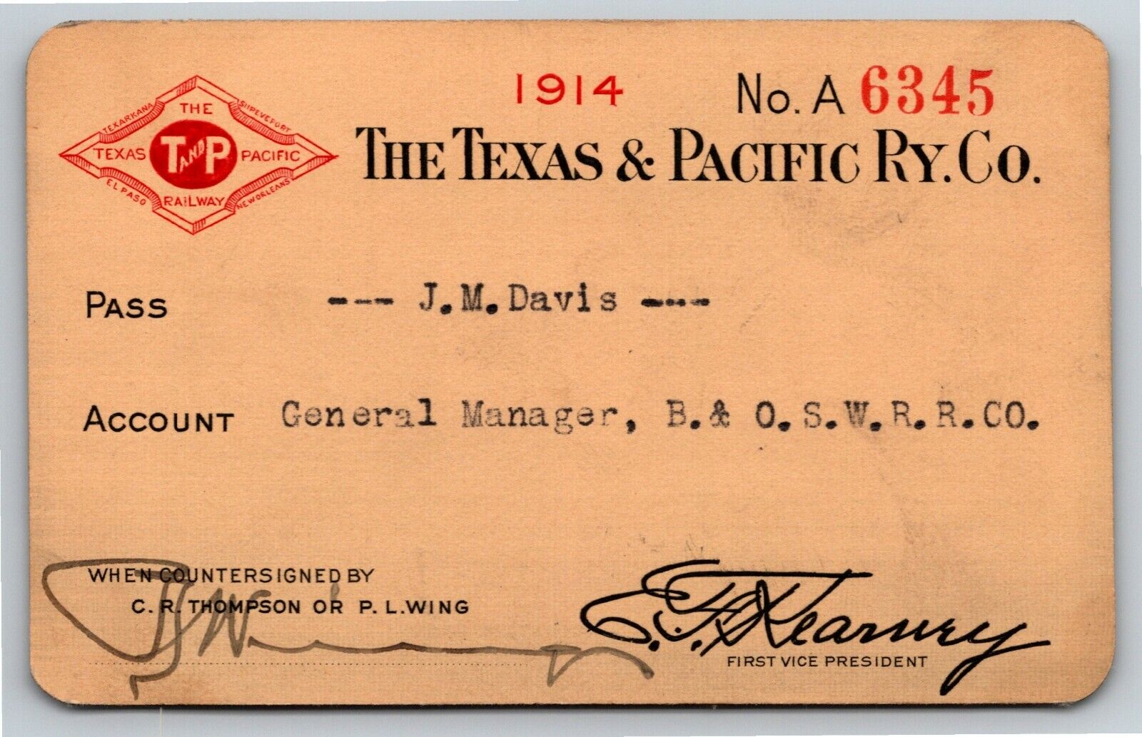 Vintage Railroad Annual Pass - The Texas & Pacific RY 1914 - 6345 Thermography