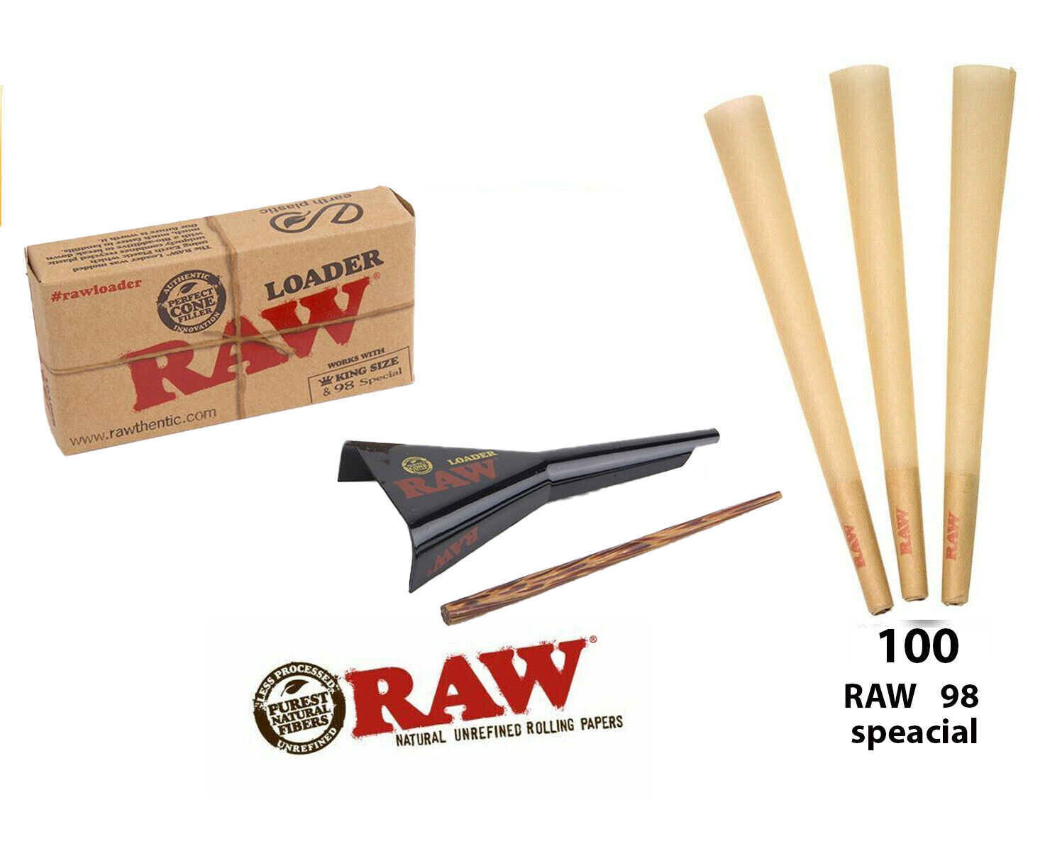 RAW classic 98 special Size Pre-Rolled Cones (100 Pack)+RAW 98 size cone loader