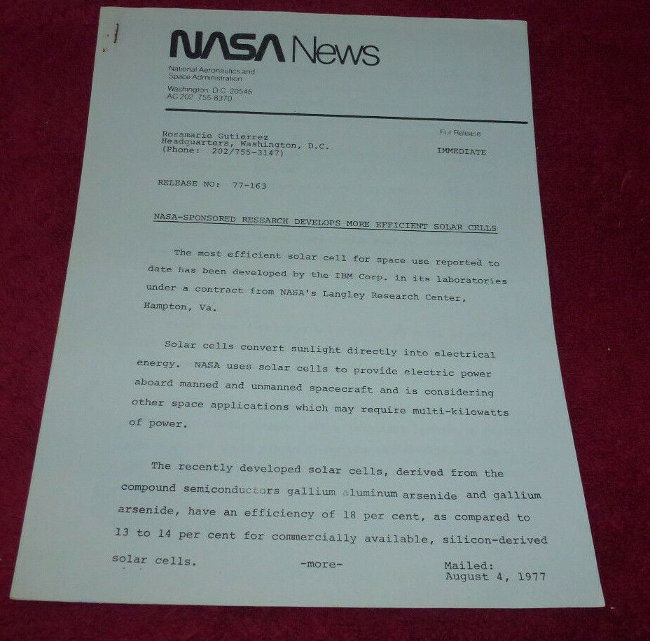 NASA News 1977 IBM Research Develops Effcient Solar Cells