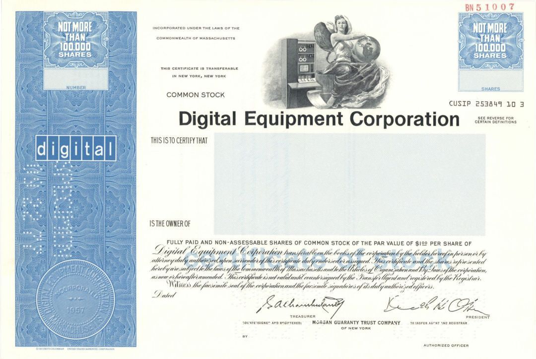 Digital Equipment Corp. - 1977 Specimen Stock Certificate - Specimen Stocks & Bo
