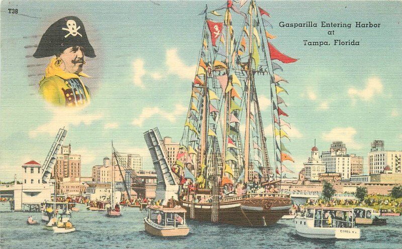 Carnival 1951 Legendary Pirate Gasparilla Motley Crew Tichnor linen 5670