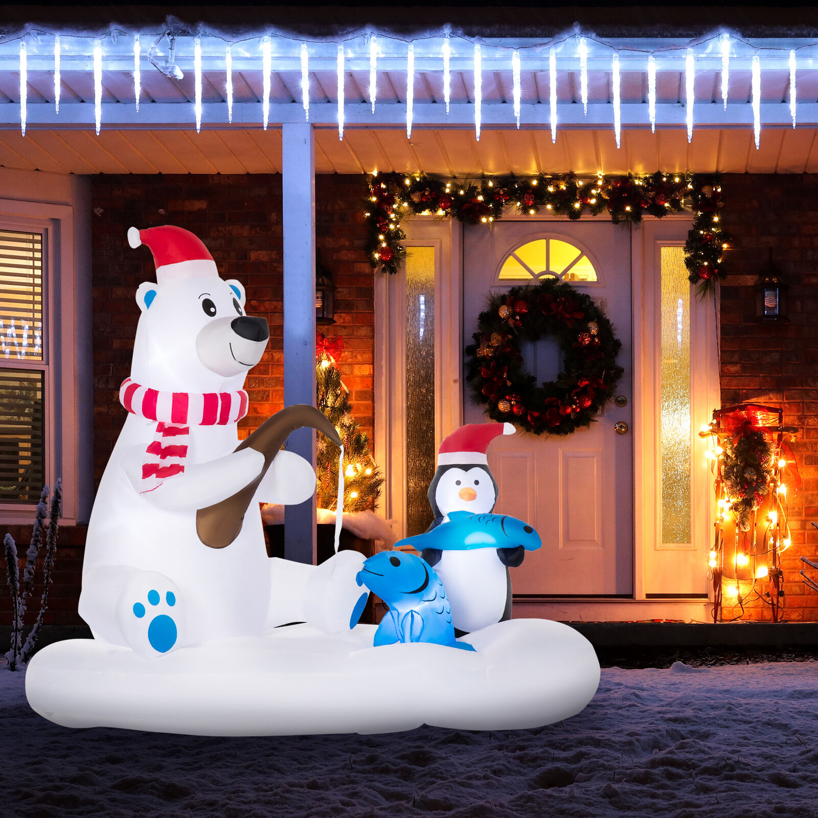 6ft Inflatable Christmas Polar Bear and Penguin Fishing on Board LED Display