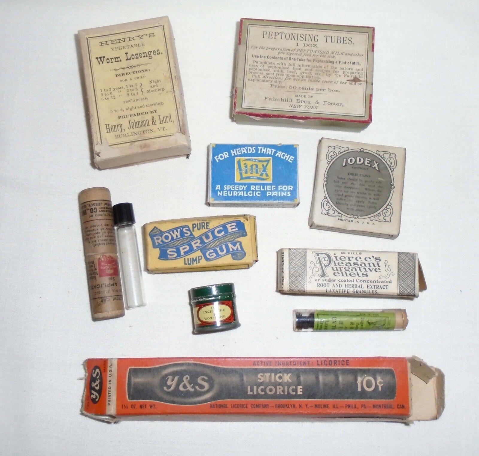 Small Table Lot early Antique Medical Advertising Box Tin Medicinal Cures