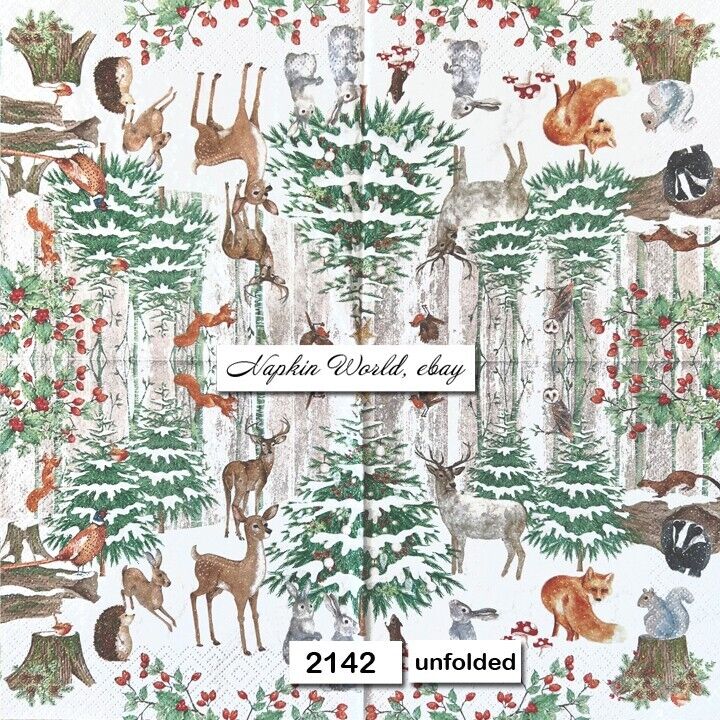 (2142) TWO Individual Paper LUNCHEON Decoupage Napkins WILD FOREST ANIMALS SNOW