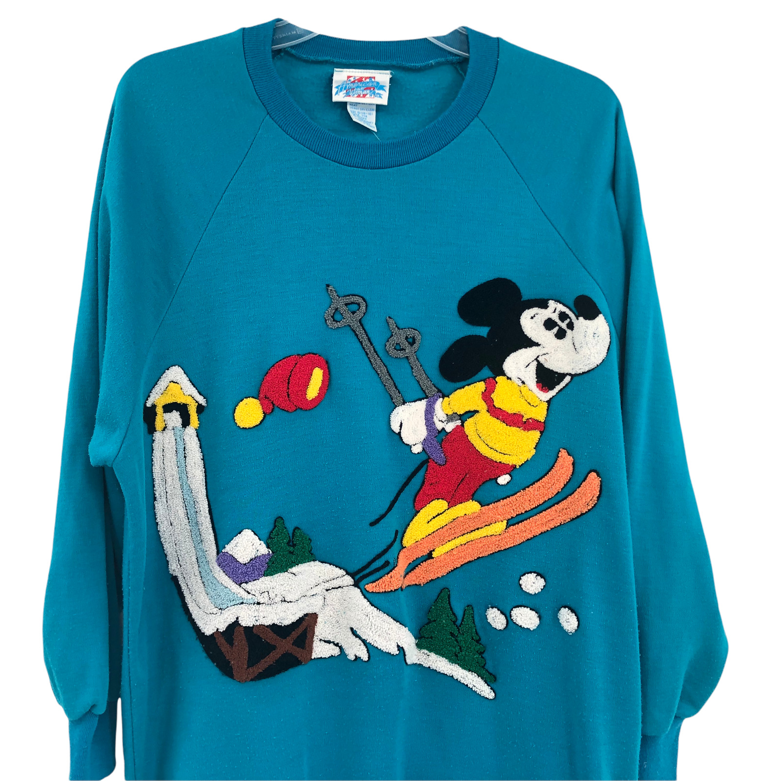 VTG American Women Disney Mickey Mouse Skiing Embroidered Blue Sweater Sz Small