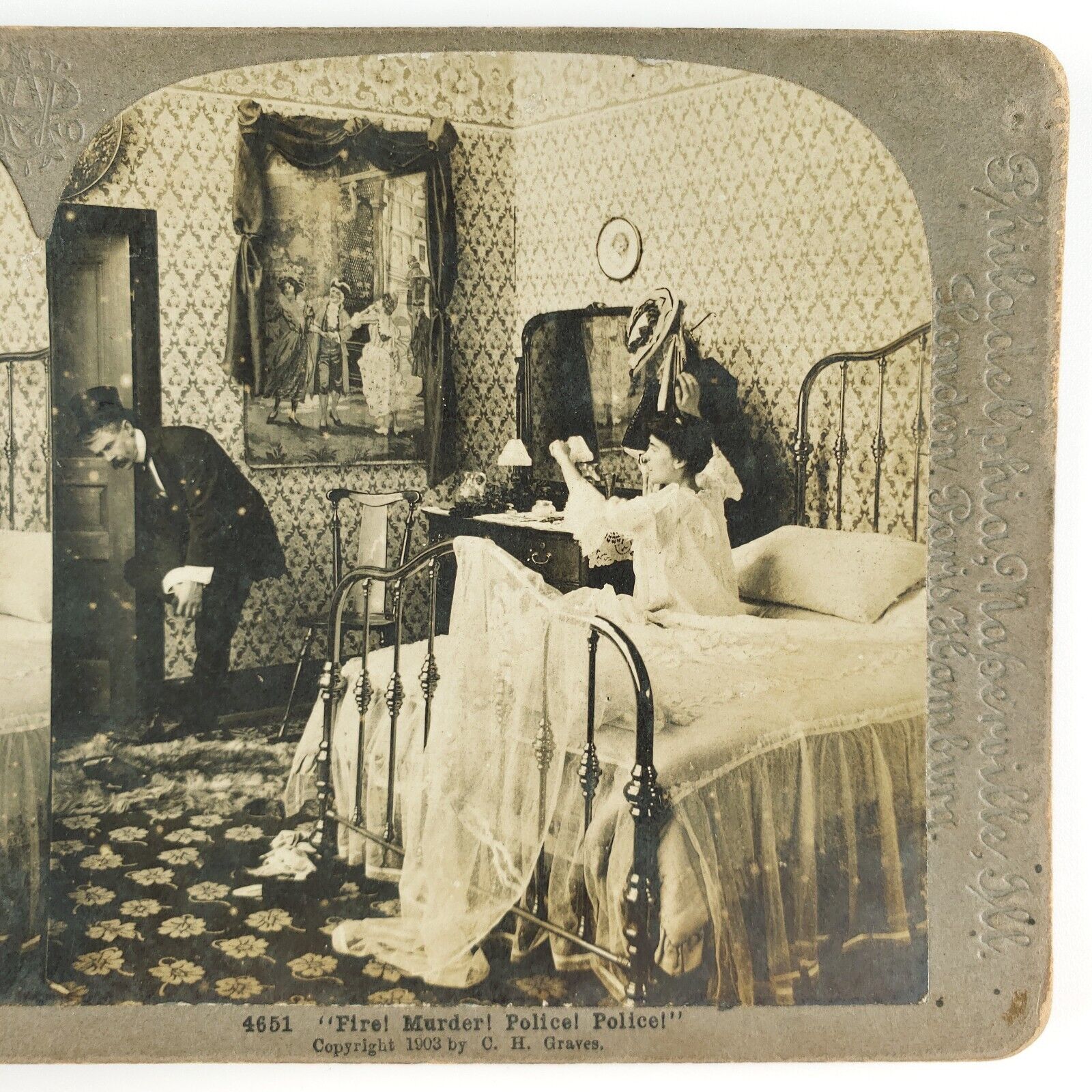 Drunk Man In Wrong Bedroom Stereoview c1903 Undressed Lady Bed Young Woman A1828