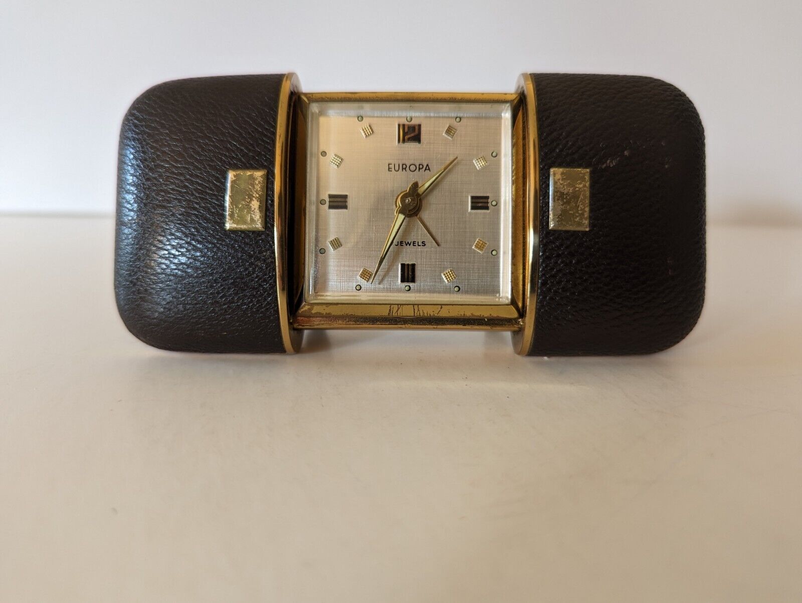 Vintage Europa Travel Alarm Clock 7 Jewels Leather & Brass Sliding Case Germany