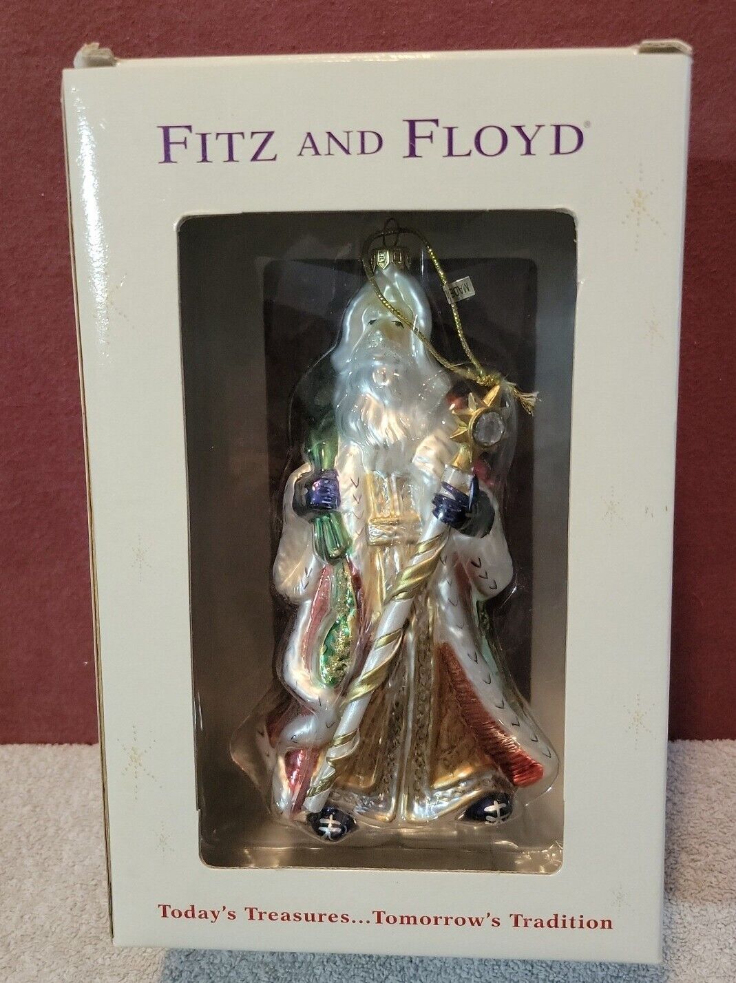 2002 Fitz and Floyd Large Santa Holding Staff Ornament retired with Box