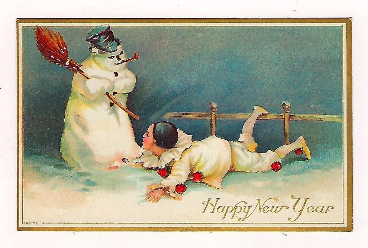 Early 1900\'s New Years Post Card Snowman Broom Court Jester Embossed