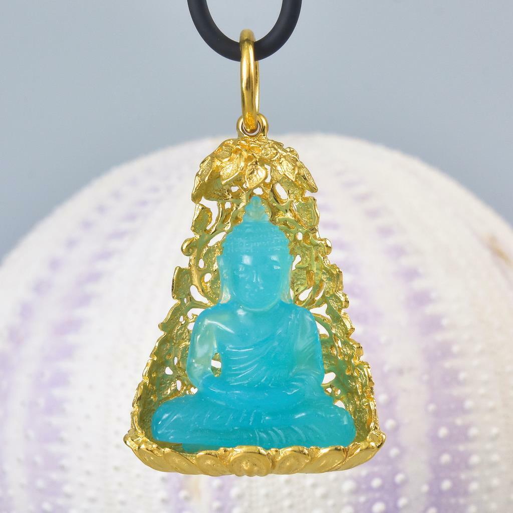 Pendant Buddha Image Gold Vermeil Sterling Bodhi Tree Blue Chalcedony 13.75 g