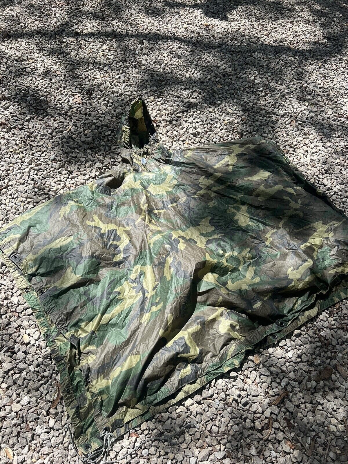 Military Wet Weather Poncho Coated Nylon Woodland Camouflage U.S. Army Vintage