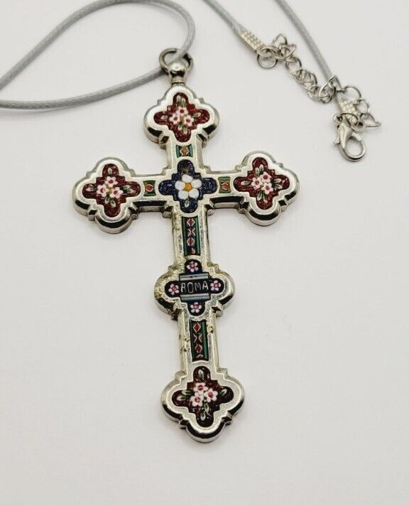 Vintage ROMA Micro Mosaic Cross Crucifix Pendant 3.75 in x 2 in  † RARE