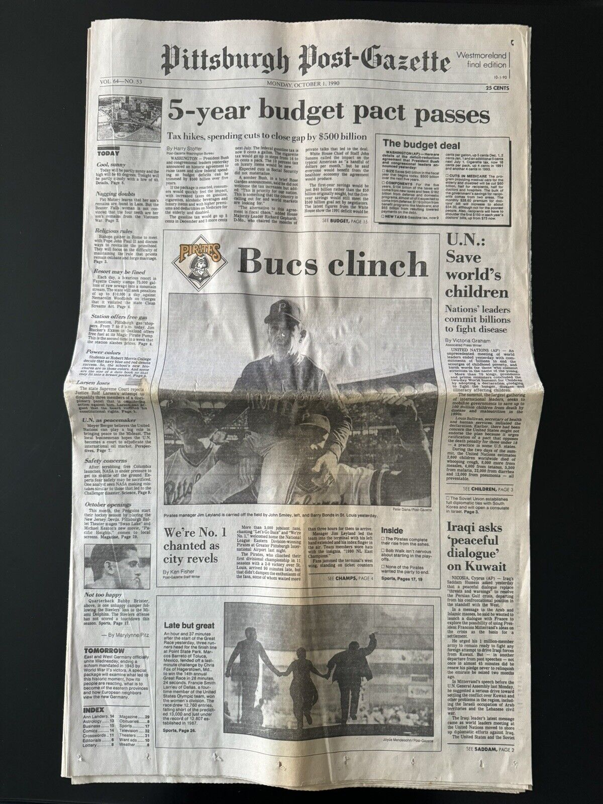 Pittsburgh Post-Gazette MLB Pirates Bucs Clinch NL East Newspaper (1990)